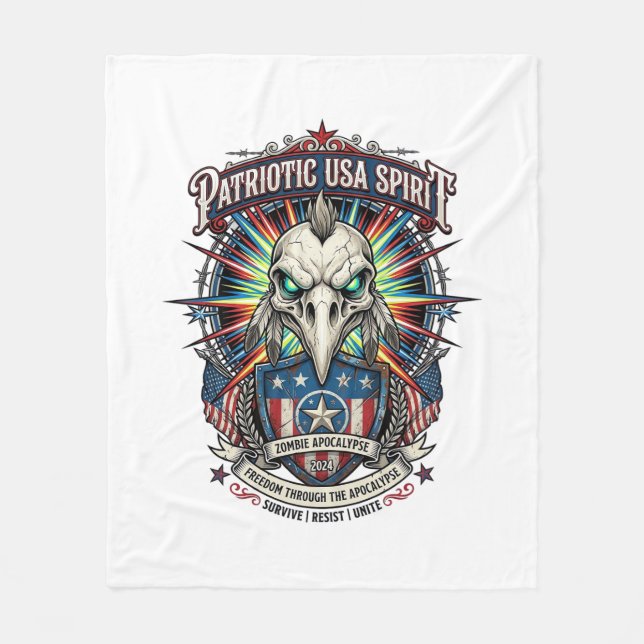 Patriotic End Of Days Eagle Skull Zombie Apocalyps Fleece Blanket (Front)
