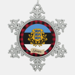 Patriotic Estonia, buffalo plaid, Estonian Flag Snowflake Pewter Christmas Ornament