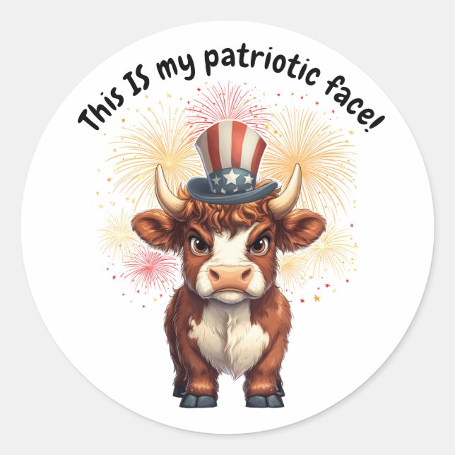 Patriotic face grumpy highland cow classic round sticker (Front)