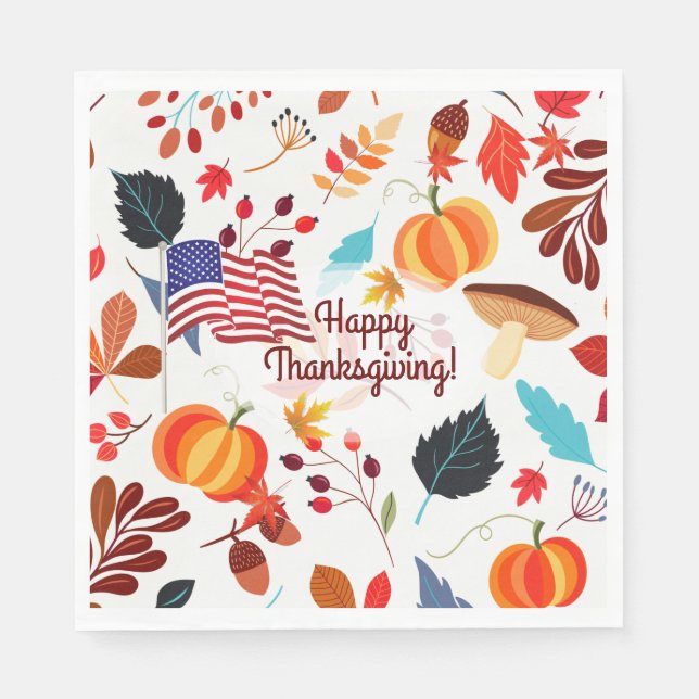 Patriotic Fall Design with Flag Happy Thanksgiving Napkin (Front)