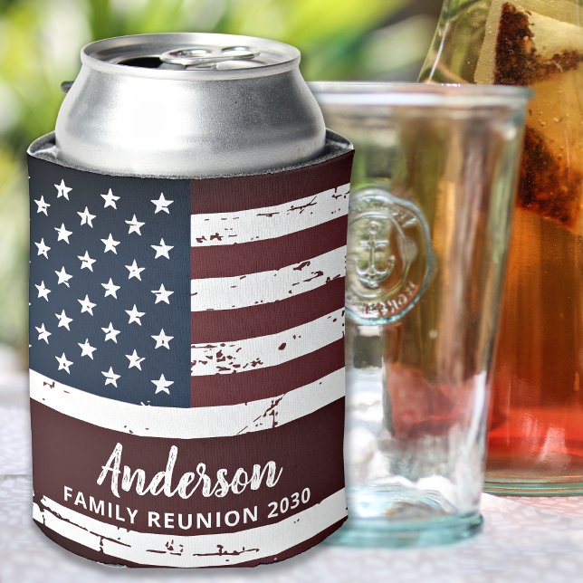 Patriotic Family Personalised Grunge American Flag Can Cooler (Creator Uploaded)