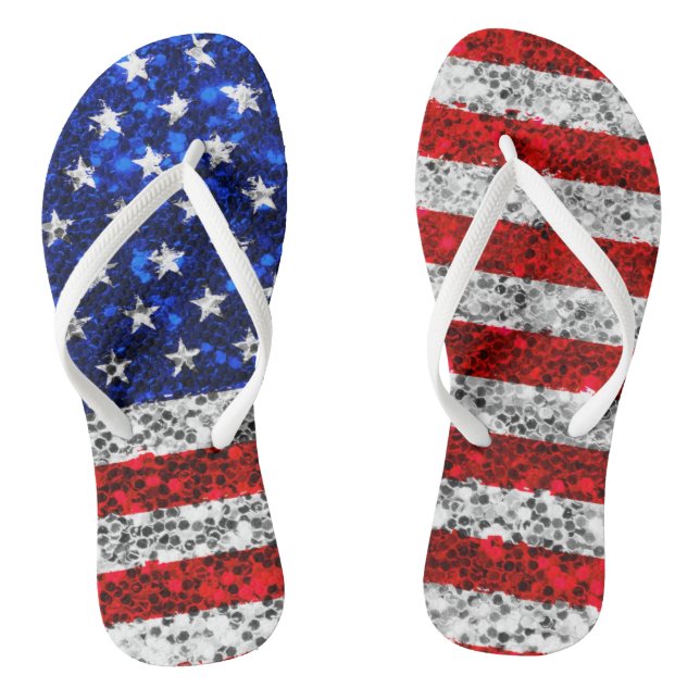 Patriotic Faux Glitter American Flag Stars Stripes Jandals (Footbed)