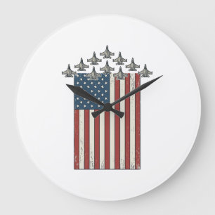 Patriotic Fighter Jet Flag Vintage Engraving Desig Large Clock