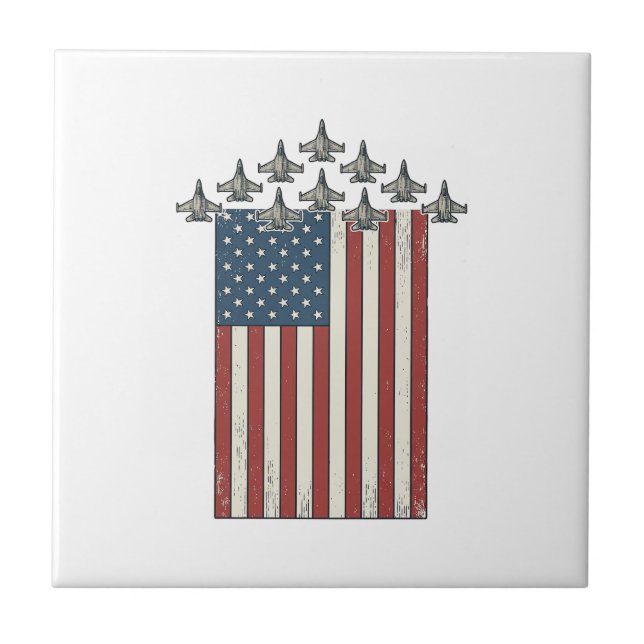 Patriotic Fighter Jet Flag Vintage Engraving Desig Tile (Front)