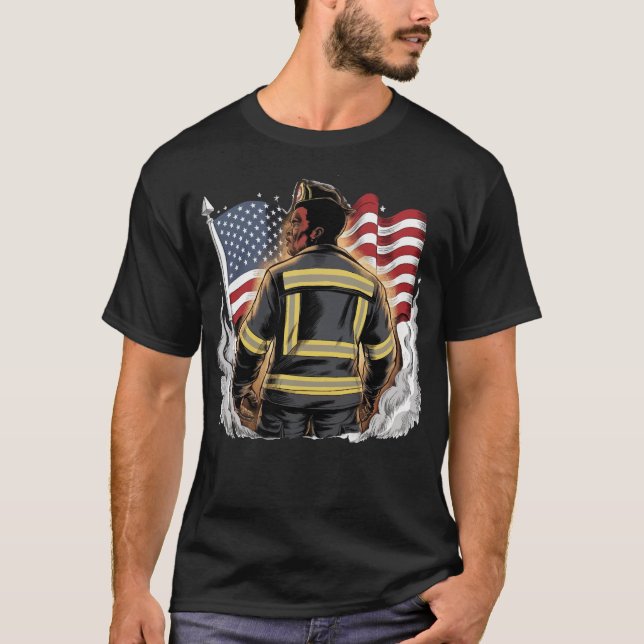 Patriotic Firework Black Firefighter 4th of July T-Shirt (Front)