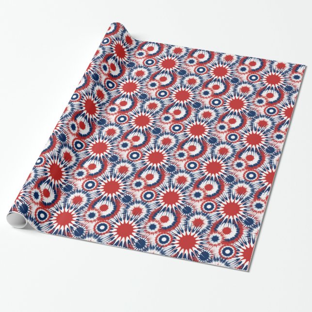 Patriotic Fireworks Bursts in Red White and Blue Wrapping Paper (Unrolled)