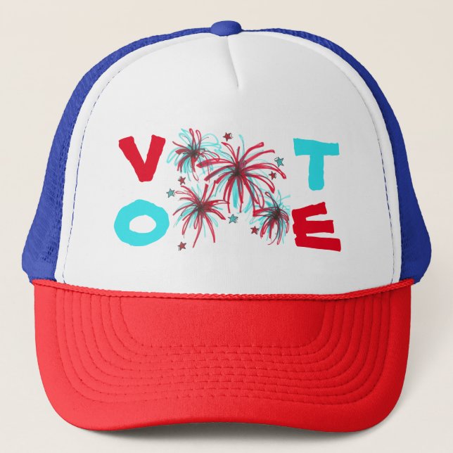 Patriotic Fireworks Red Blue VOTE Election Day USA Trucker Hat (Front)