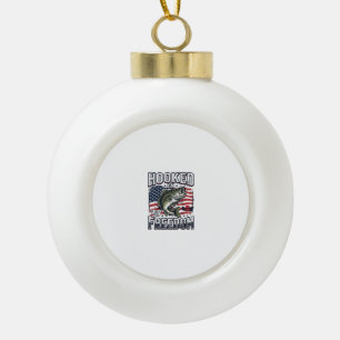 Patriotic Fishing Hooked On Freedom Vintage Bass Ceramic Ball Christmas Ornament