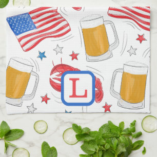 Patriotic Flag Beer Lobster Stars Monogram Tea Towel