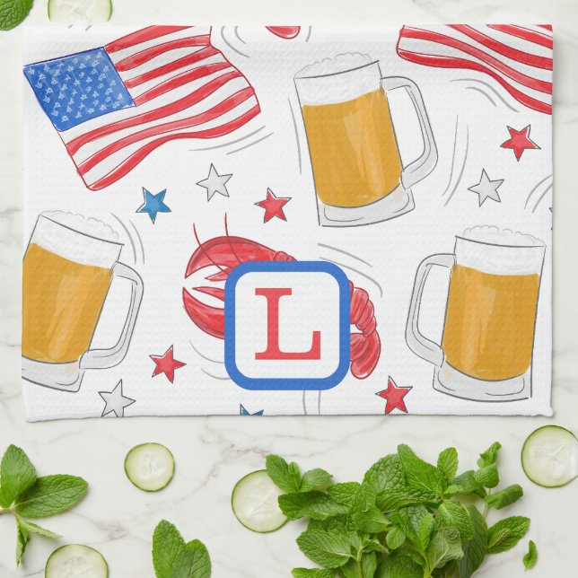 Patriotic Flag Beer Lobster Stars Monogram Tea Towel (Folded)