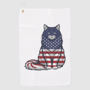 Patriotic Flag Cat Vintage Engraving Shirt Design_ Golf Towel