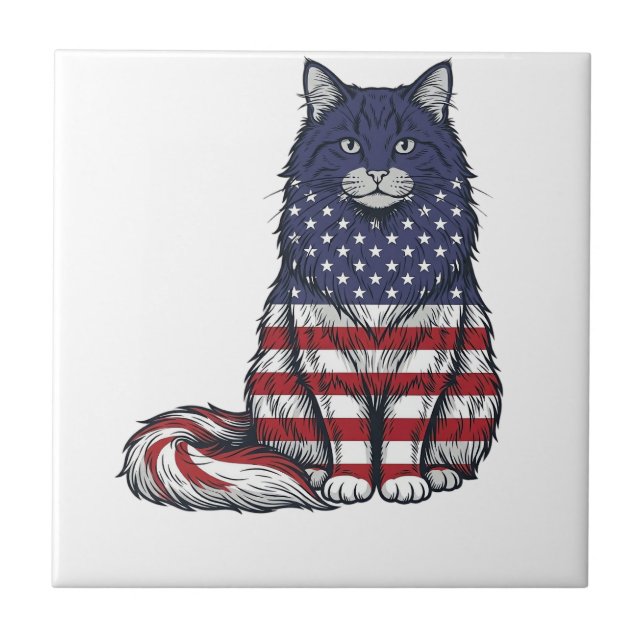 Patriotic Flag Cat Vintage Engraving Shirt Design_ Tile (Front)