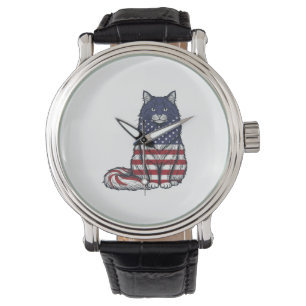 Patriotic Flag Cat Vintage Engraving Shirt Design_ Watch