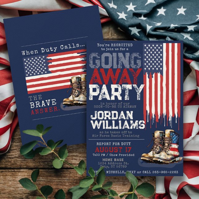 Patriotic Flag Military Going Away Farewell Party Invitation (Patriotic USA flag military going away farewell party invitation for Air Force, Army, Navy, Marines)