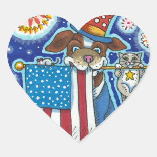 PATRIOTIC FLAG PET DOG CAT MOUSE, CUTE FUNNY HEART STICKER