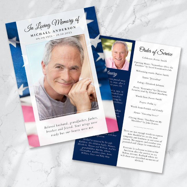 Patriotic Flag Photo Memorial Service Program Invitation (Creator Uploaded)