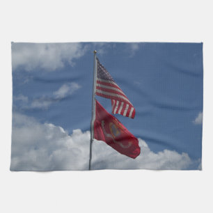 Patriotic flags and a blue sky on a tea towel