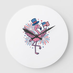 Patriotic Flamingo Fireworks Vector Design_1 Large Clock