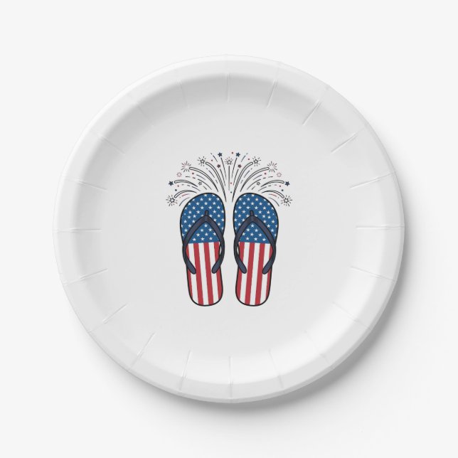 Patriotic Flip Flops Fireworks Summer Shirt Design Paper Plate (Front)