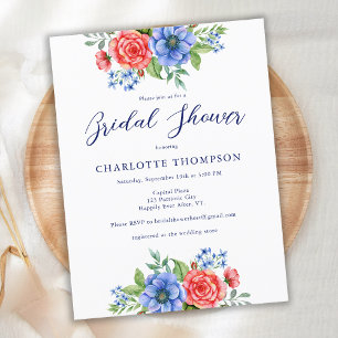 Patriotic Floral Blue Red Bridal Shower Card