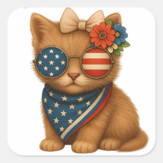 Patriotic floral coquette bow kitten square sticker