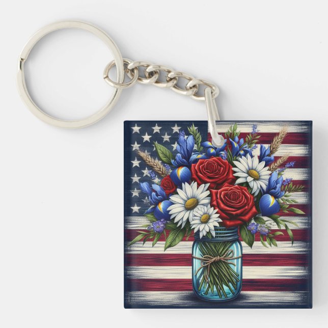 Patriotic, floral distressed American Key Ring (Front)