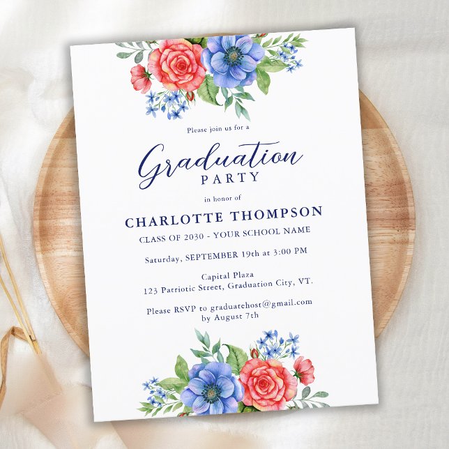 Patriotic Floral Red Blue Graduation Invite Card (Creator Uploaded)