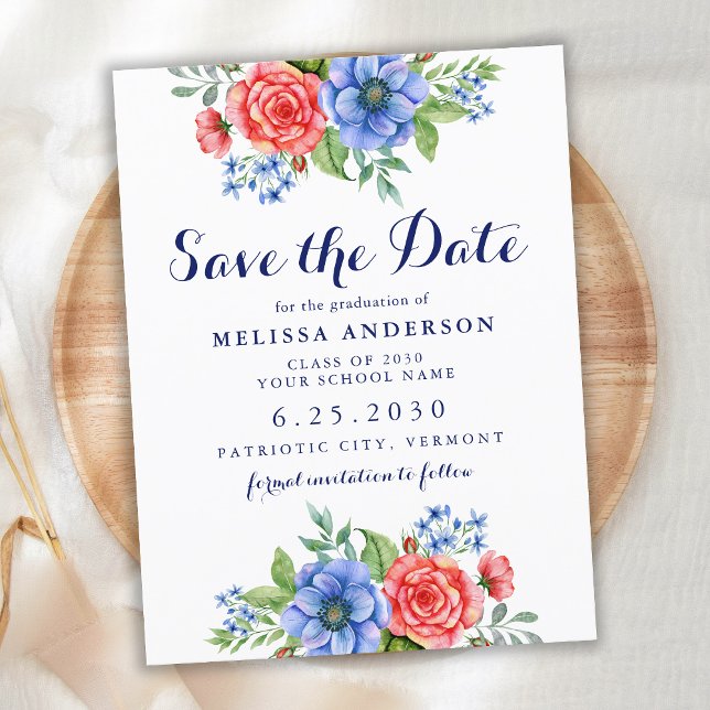 Patriotic Floral Red Blue Graduation Save The Date (Creator Uploaded)