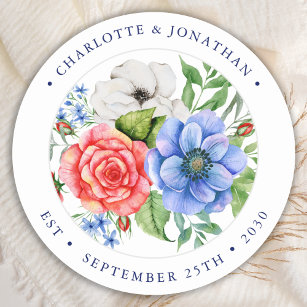 Patriotic Floral Red White Blue 4th July Wedding  Classic Round Sticker