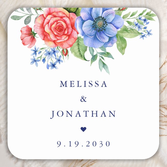 Patriotic Floral Red White Blue 4th July Wedding Square Sticker (Creator Uploaded)