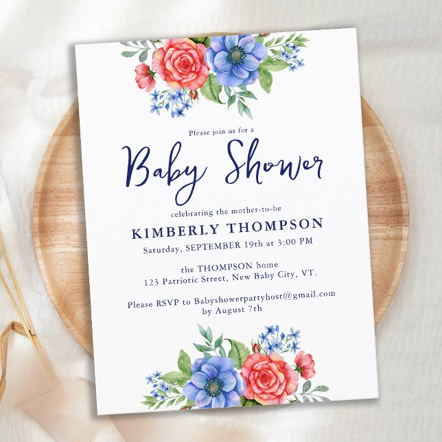 Patriotic Floral Red White Blue Baby Shower Invitation Postcard (Creator Uploaded)