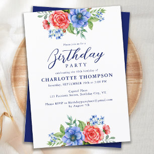 Patriotic Floral Red White Blue Birthday Party Invitation