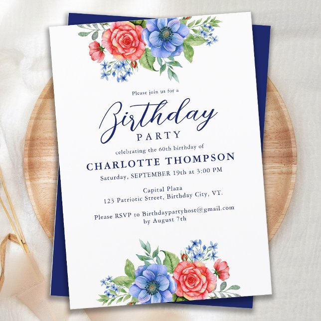 Patriotic Floral Red White Blue Birthday Party Invitation (Creator Uploaded)
