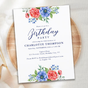 Patriotic Floral Red White Blue Birthday Party Invitation Postcard