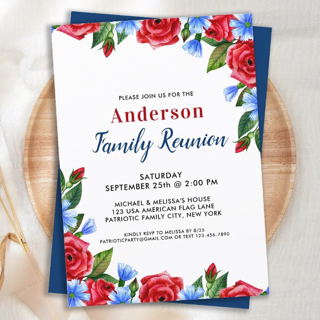 Patriotic Floral Red White Blue Family Reunion  Invitation (Creator Uploaded)