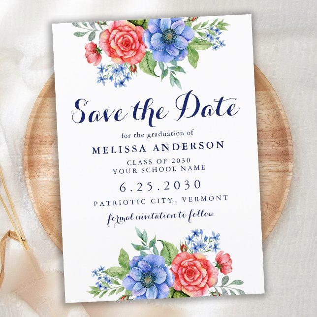 Patriotic Floral Red White Blue Party Graduation Save The Date (Creator Uploaded)