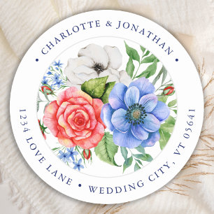Patriotic Floral Red White Blue Return Address  Classic Round Sticker