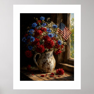 Patriotic Floral Still Life in Vintage Pitcher Poster
