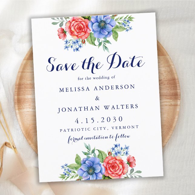 Patriotic Floral Wedding Save The Date Invite  Postcard (Creator Uploaded)