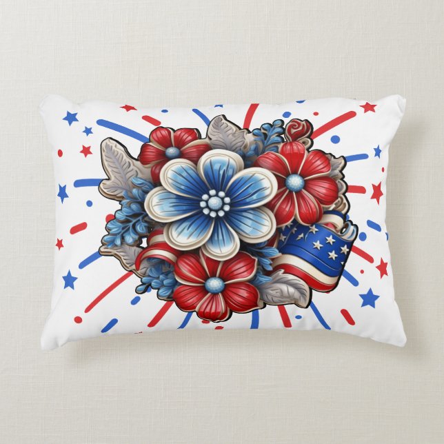 Patriotic Flowers in Red White & Blue 4th of July Decorative Cushion (Front)