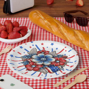 Patriotic Flowers in Red White & Blue 4th of July Paper Plate