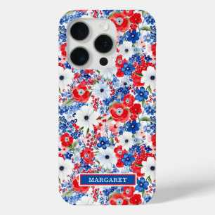 Patriotic Flowers Monogrammed iPhone 15 Pro Case