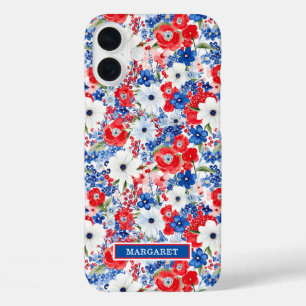 Patriotic Flowers Monogrammed iPhone 16 Plus Case