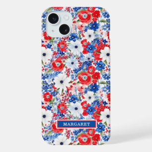 Patriotic Flowers Monogrammed iPhone 15 Plus Case
