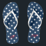 Patriotic fourth 4th of July party flip flops<br><div class="desc">Patriotic fourth 4th of July party flip flops with personalised monogram. Custom colour strap for him and her / men and women. Custom background colour and personalised name initials. Modern American flag star design sandals for Independence Day. Cute party favour for beach theme wedding, marriage, bridal shower, engagement, anniversary, birthday,...</div>