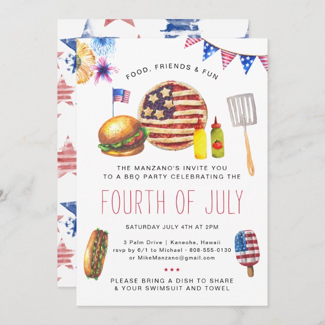 Patriotic Fourth of July BBQ Party Invitation (Front/Back)