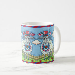 PATRIOTIC FOURTH OF JULY SHEEP, FUNNY FOLK ART COFFEE MUG