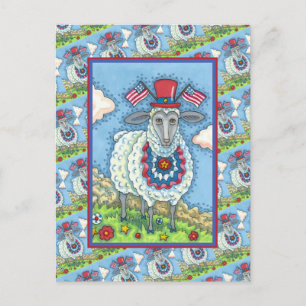 PATRIOTIC FOURTH OF JULY SHEEP, FUNNY FOLK ART HOLIDAY POSTCARD