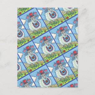 PATRIOTIC FOURTH OF JULY SHEEP, FUNNY FOLK ART HOLIDAY POSTCARD