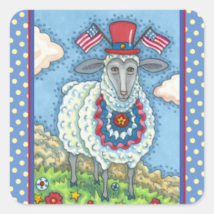 PATRIOTIC FOURTH OF JULY SHEEP, Funny Folk Art Square Sticker